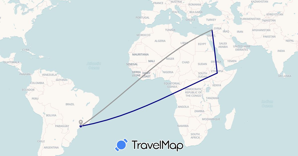 TravelMap itinerary: driving, plane in Brazil, Ethiopia, Lebanon (Africa, Asia, South America)